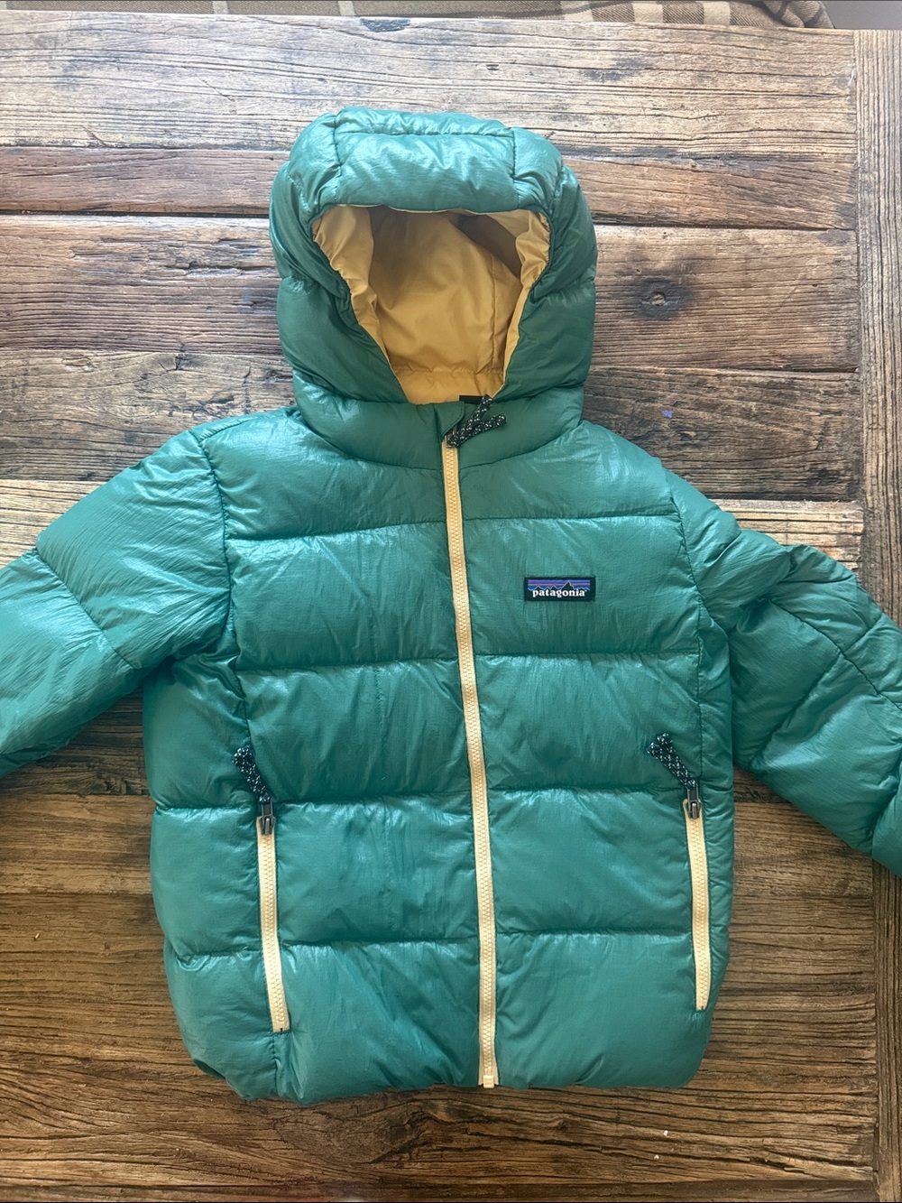 Patagonia Teal Puffer Jacket with Yellow Lining
